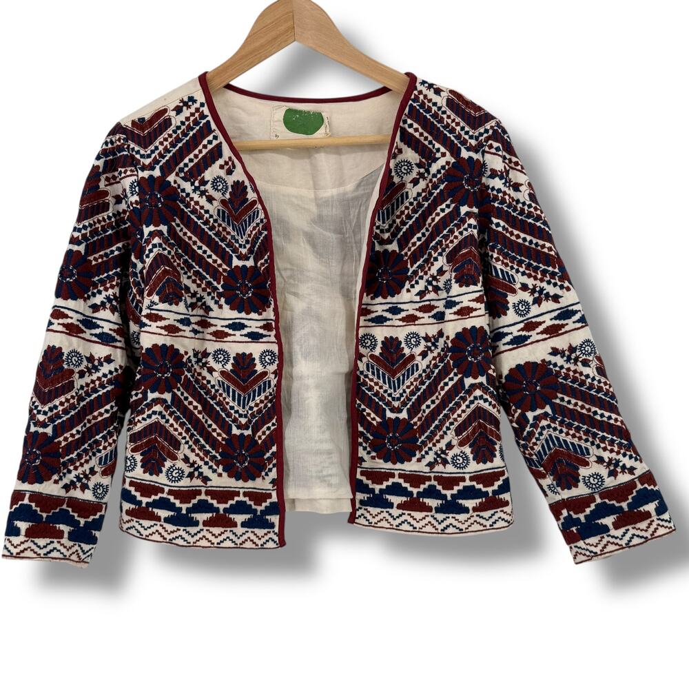 Anthropologie Greenwich Boho Embroidered Cropped Jacket Sz XS Open Front